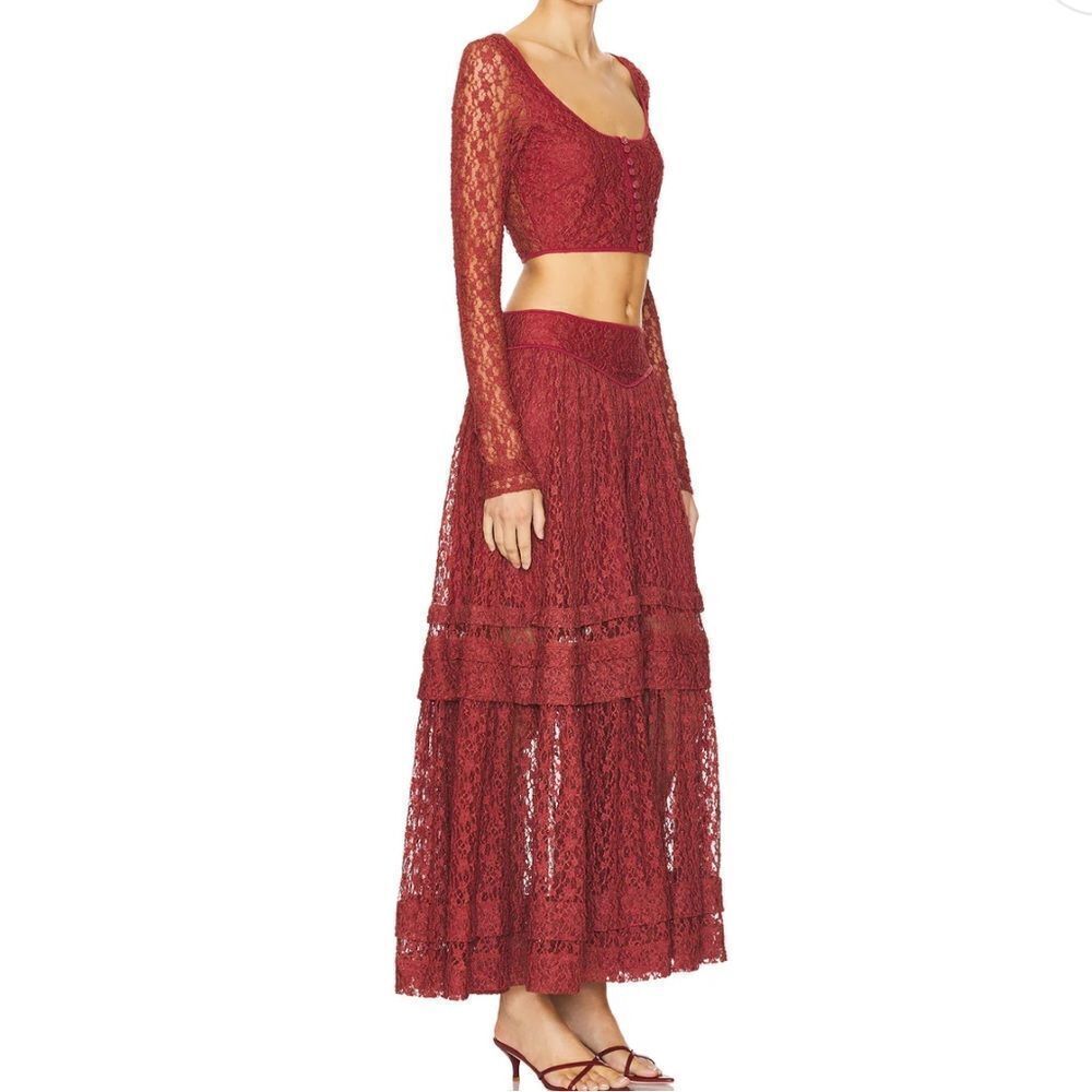 Free People Arcana Lace Top & Skirt Set in Marsala Combo - Picture 3 of 10